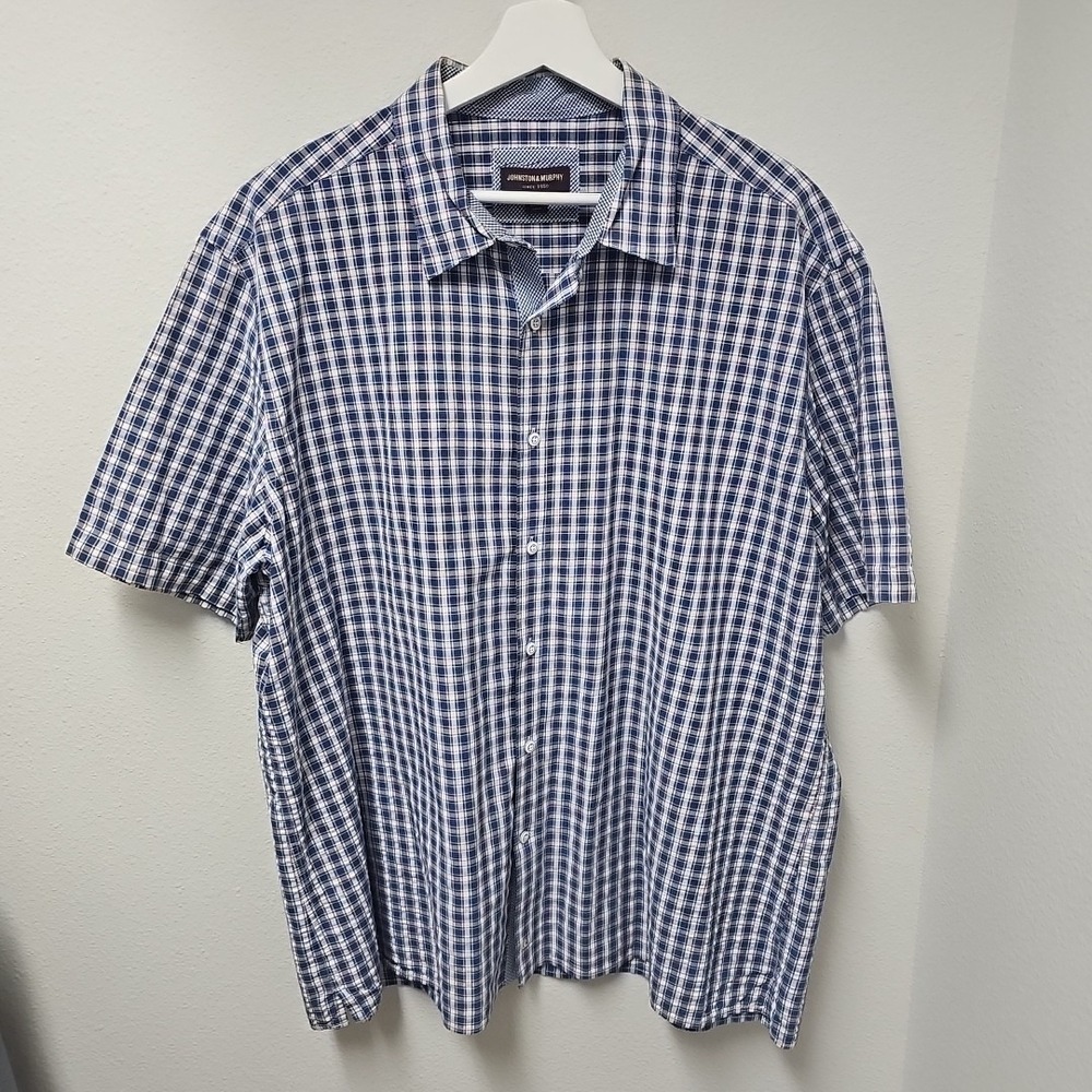 Johnston & Murphy Seersucker Shirt Men's XXL Short Sleeve Button Up‎ Blue/White